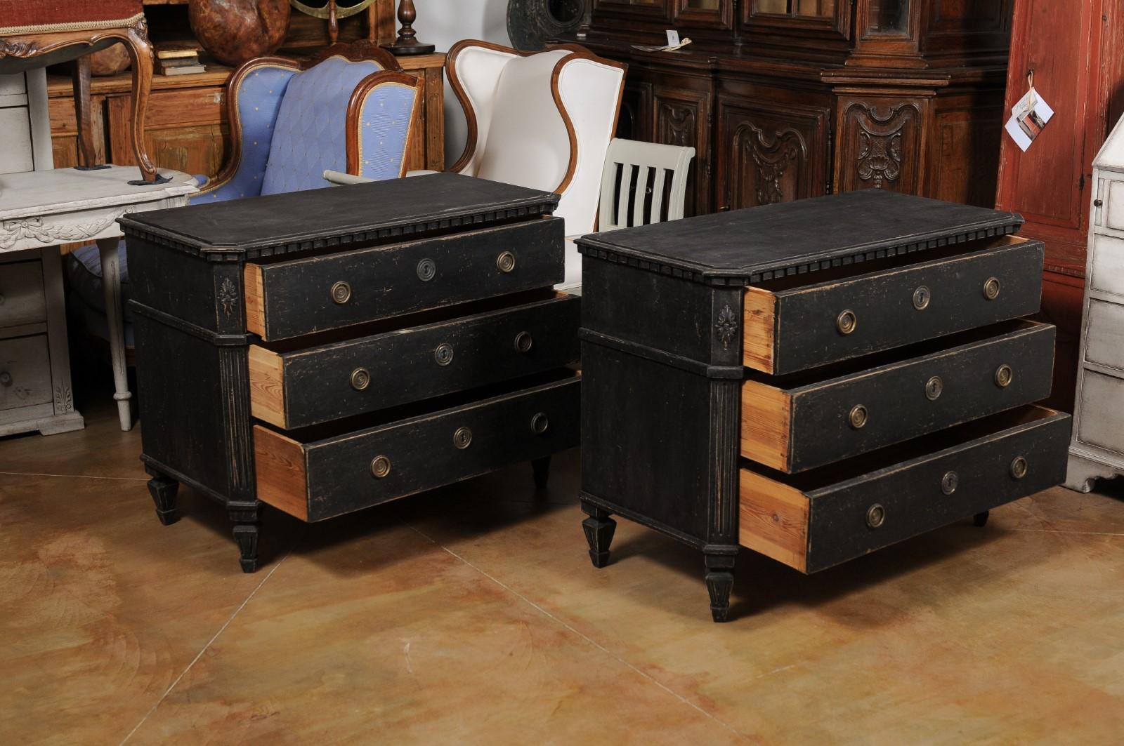 Pair of Swedish Gustavian 1830s Black Painted and Carved Three-Drawer Chests 8