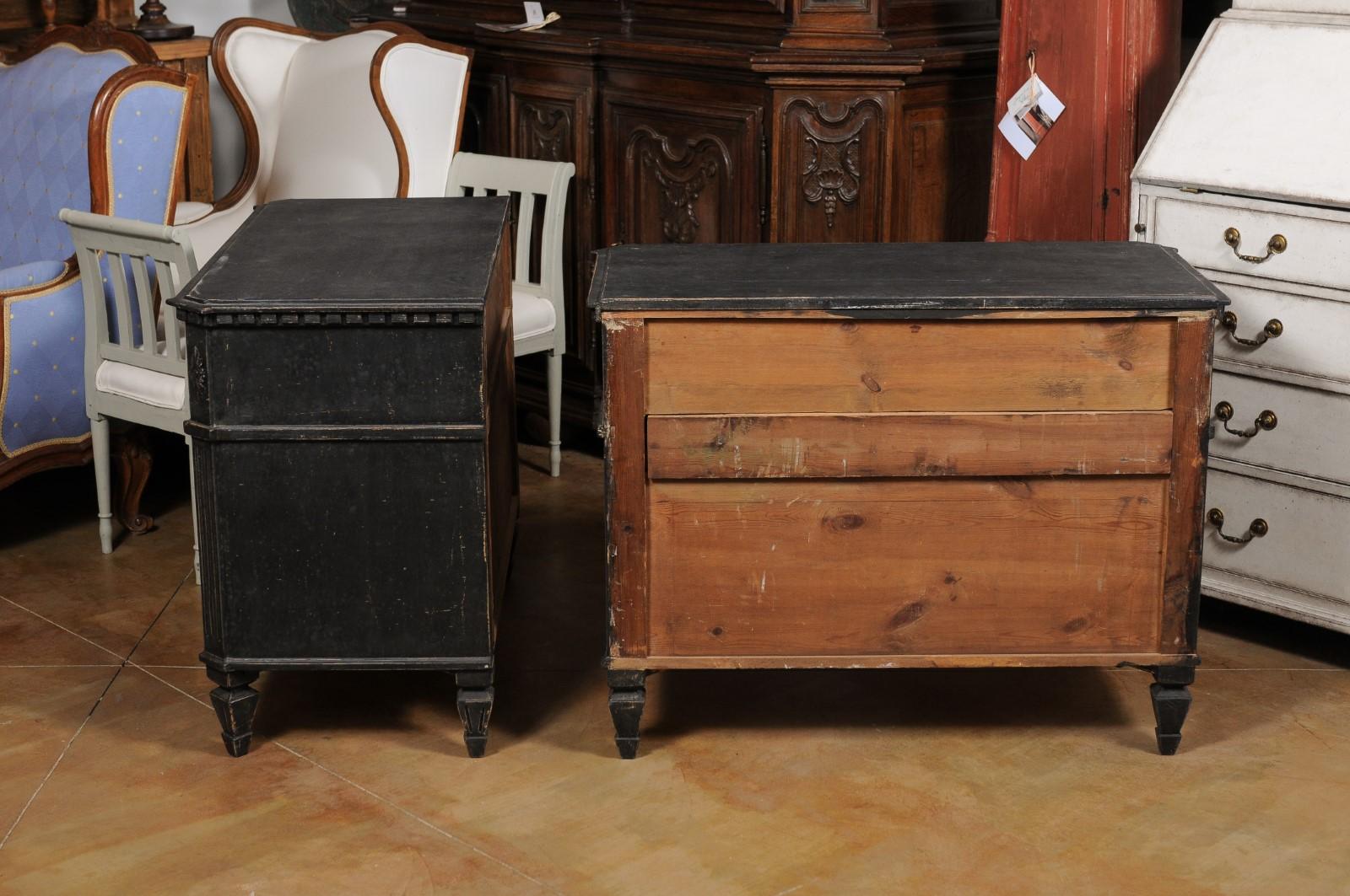 Pair of Swedish Gustavian 1830s Black Painted and Carved Three-Drawer Chests 3