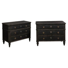 Pair of Swedish Gustavian 1830s Black Painted and Carved Three-Drawer Chests