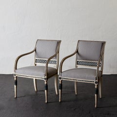 Pair of Swedish Gustavian 18th Century White and Green Armchairs, Sweden