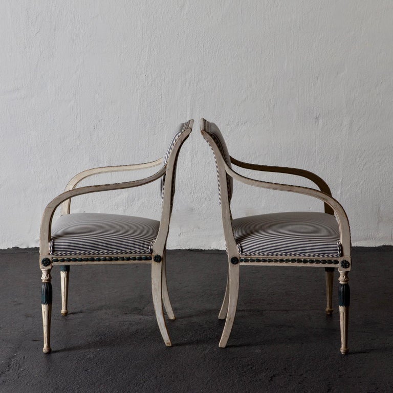 Neoclassical Pair of Swedish Gustavian 18th Century White and Green Armchairs, Sweden For Sale