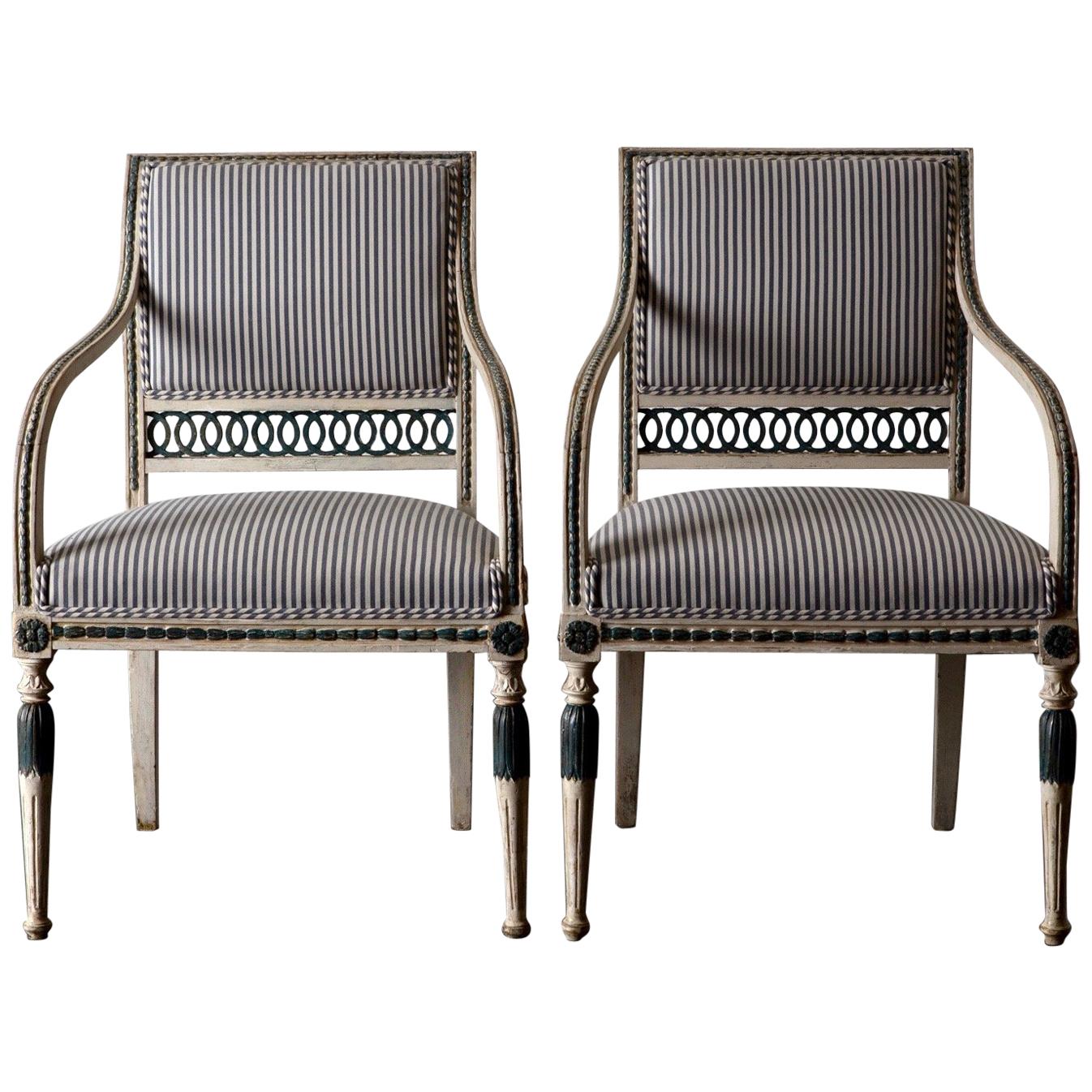Pair of Swedish Gustavian 18th Century White and Green Armchairs, Sweden