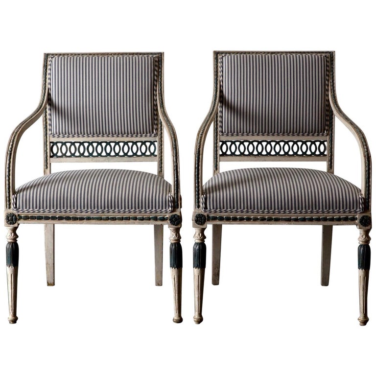 Pair of Swedish Gustavian 18th Century White and Green Armchairs, Sweden For Sale