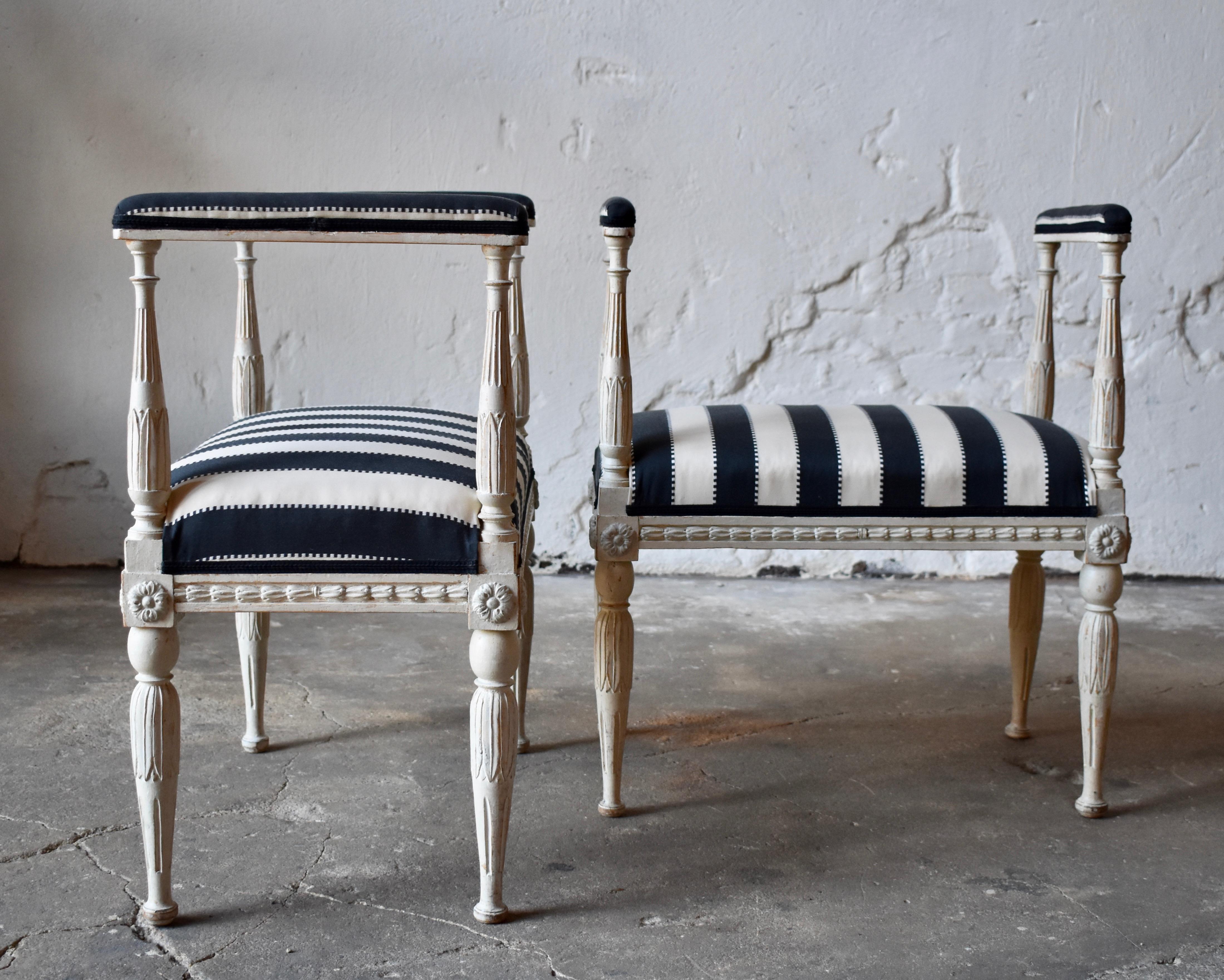 Hand-Carved Pair of Swedish Gustavian Baquettes / Benches 1790s For Sale
