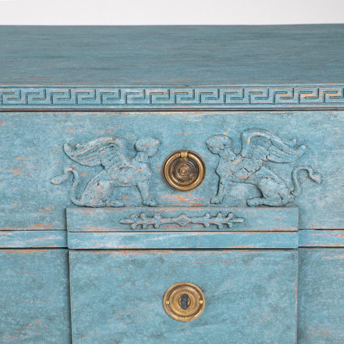 Pair of Swedish Gustavian Blue Painted Breakfront Commodes For Sale 5