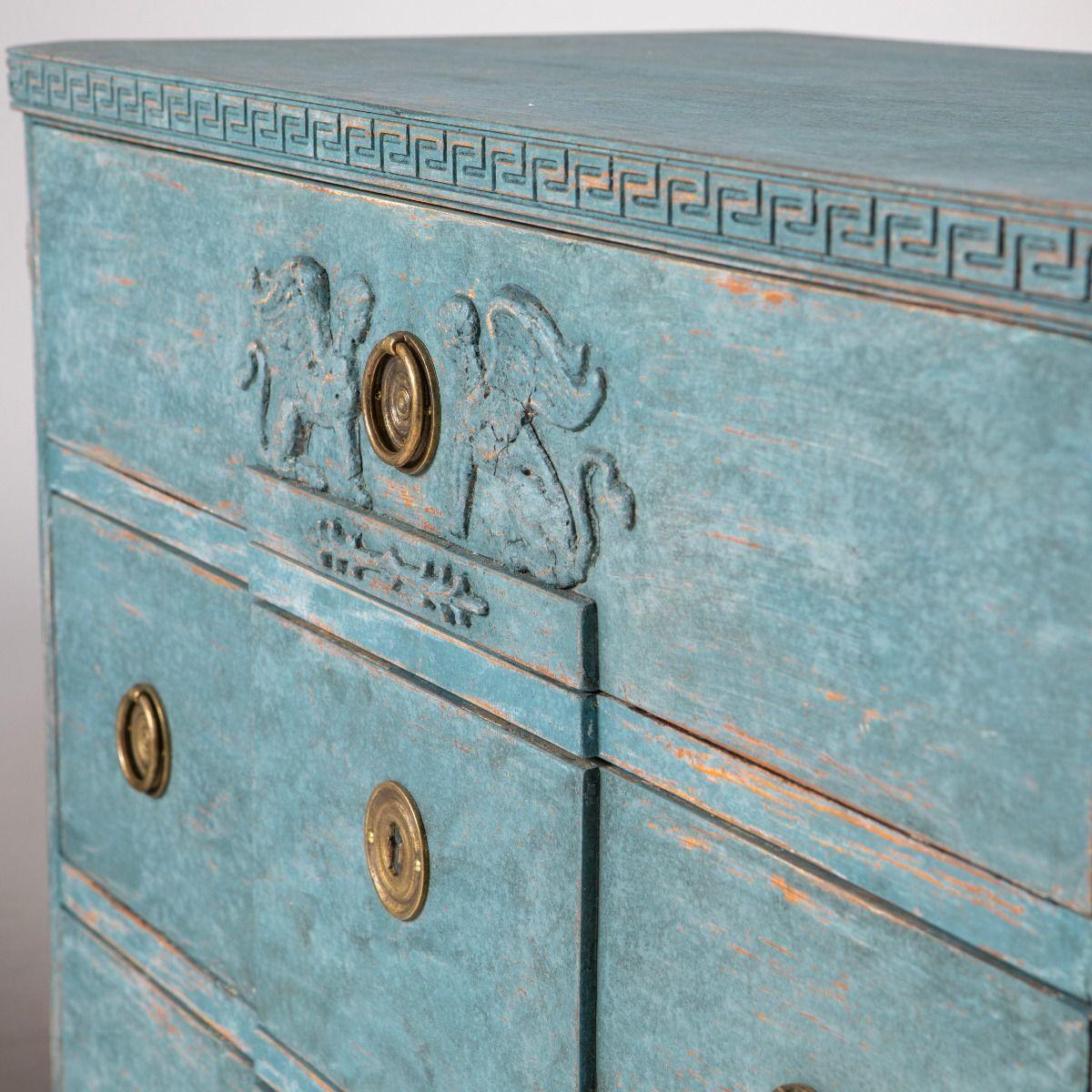 Pair of Swedish Gustavian Blue Painted Breakfront Commodes For Sale 1