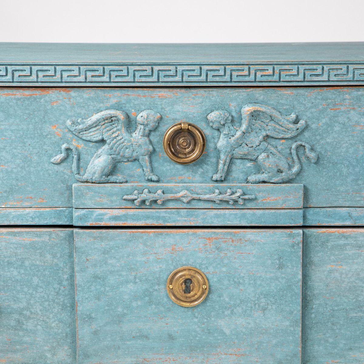 Pair of Swedish Gustavian Blue Painted Breakfront Commodes For Sale 2