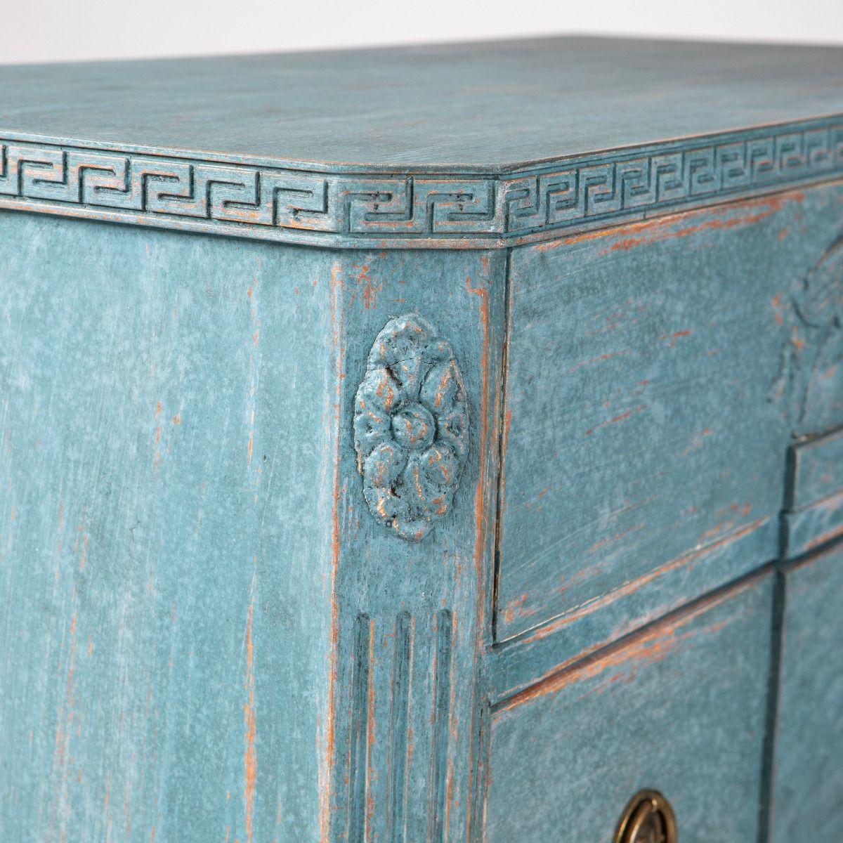 Pair of Swedish Gustavian Blue Painted Breakfront Commodes For Sale 4