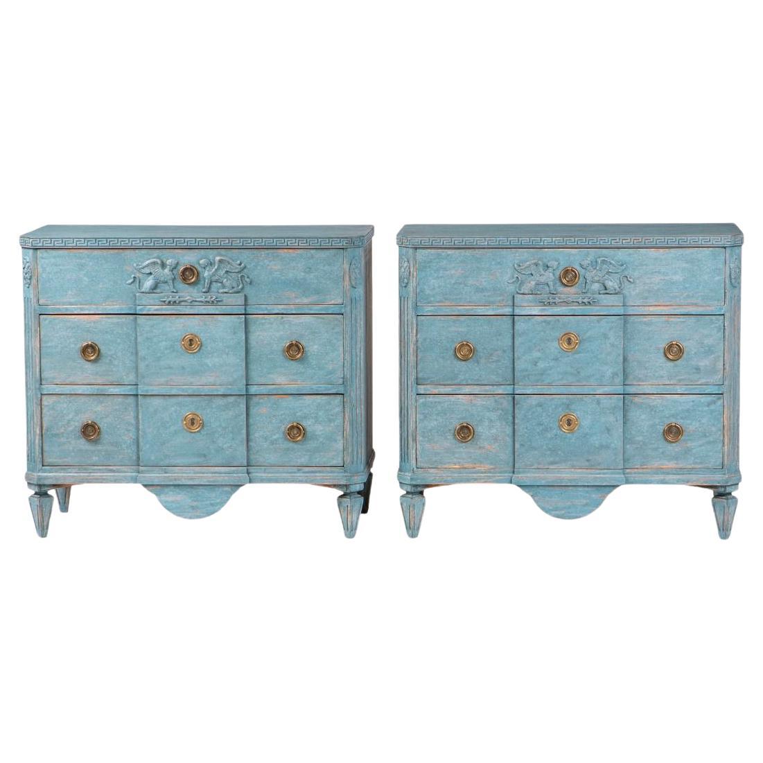 Pair of Swedish Gustavian Blue Painted Breakfront Commodes