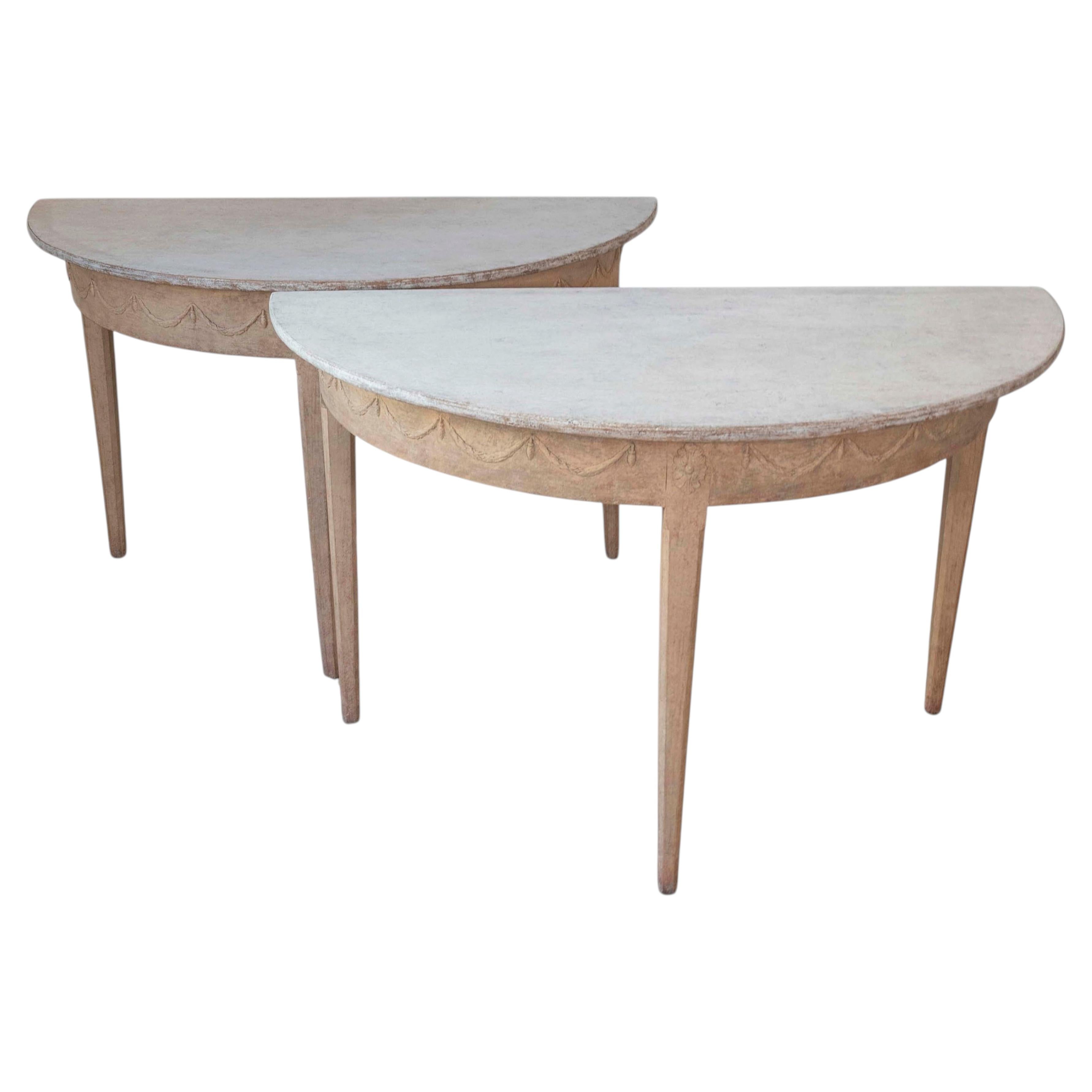 Pair of Swedish Gustavian Demi-Lune Console Tables in Oak, circa 1840–1860