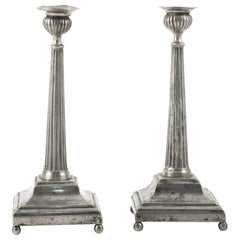 Antique Pair of Swedish Gustavian Futed Pewter Candlesticks