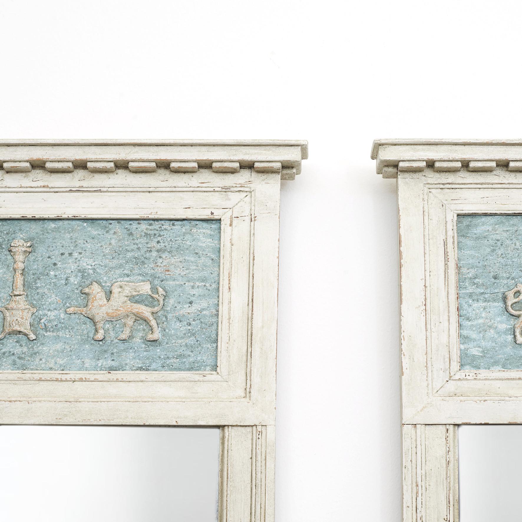 Wood Pair of Swedish Gustavian Mirrors with Grey Blue Paint