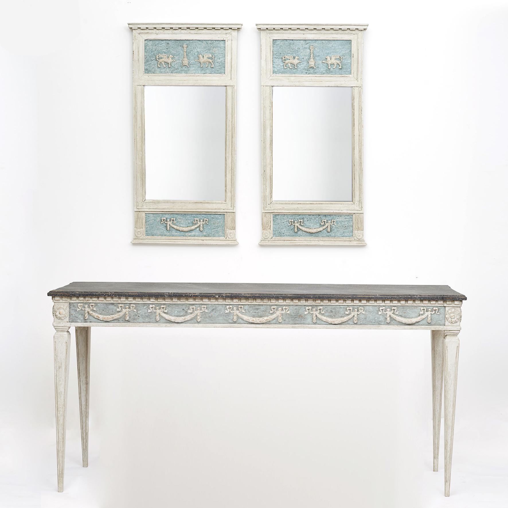 Pair of Swedish Gustavian Mirrors with Grey Blue Paint 1