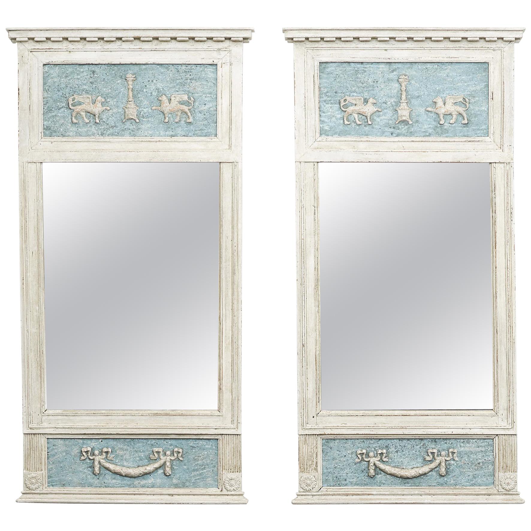 Pair of Swedish Gustavian Mirrors with Grey Blue Paint