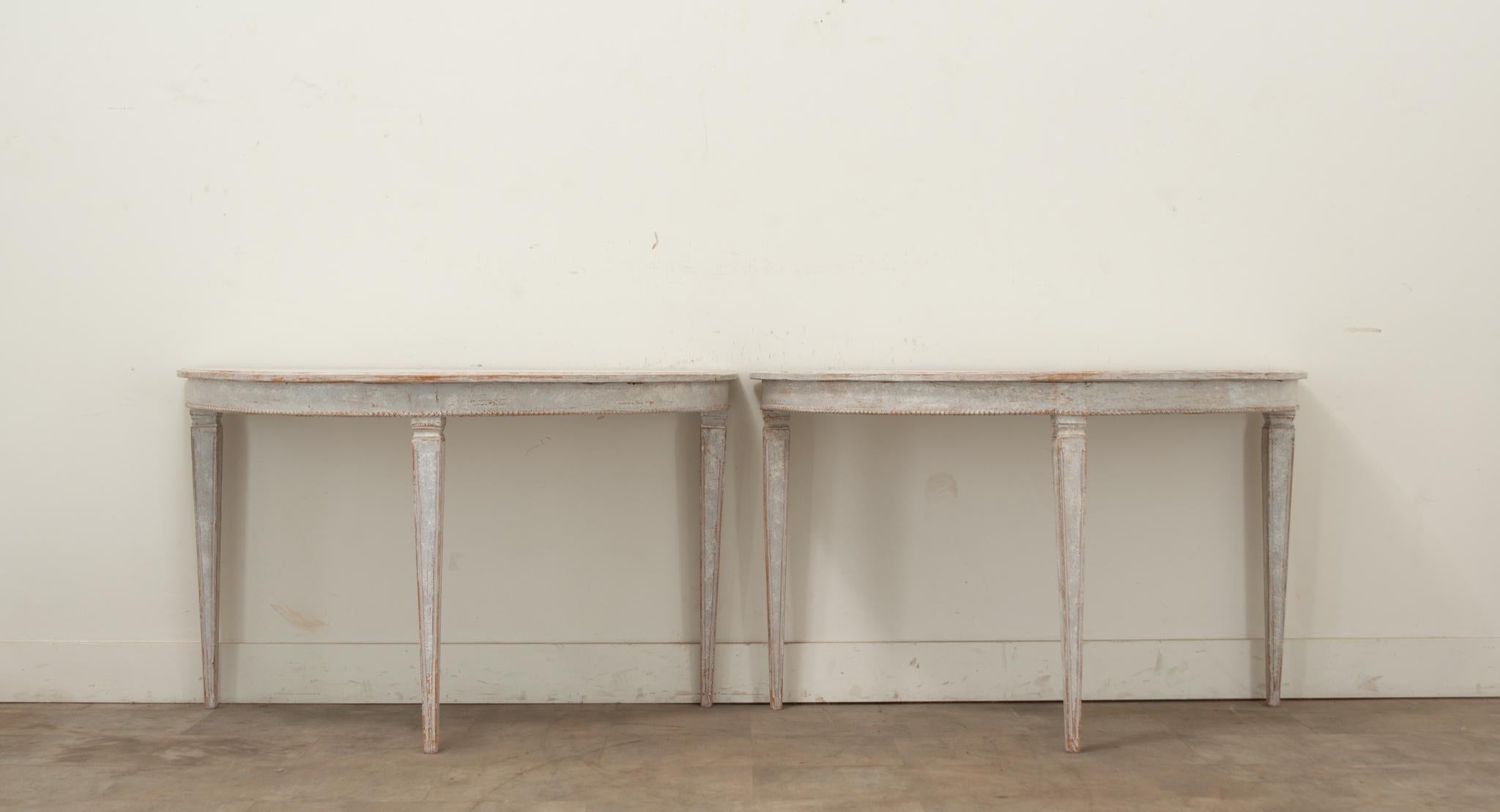 Hand-Carved Pair of Swedish Gustavian Painted Demilune Consoles