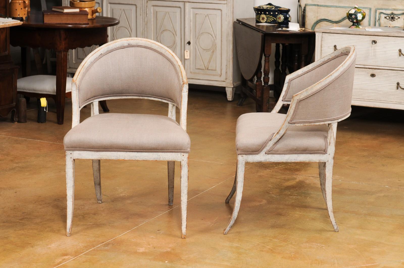 19th Century Pair of Swedish Gustavian Period 1800s Painted Tub Chairs with Saber Legs