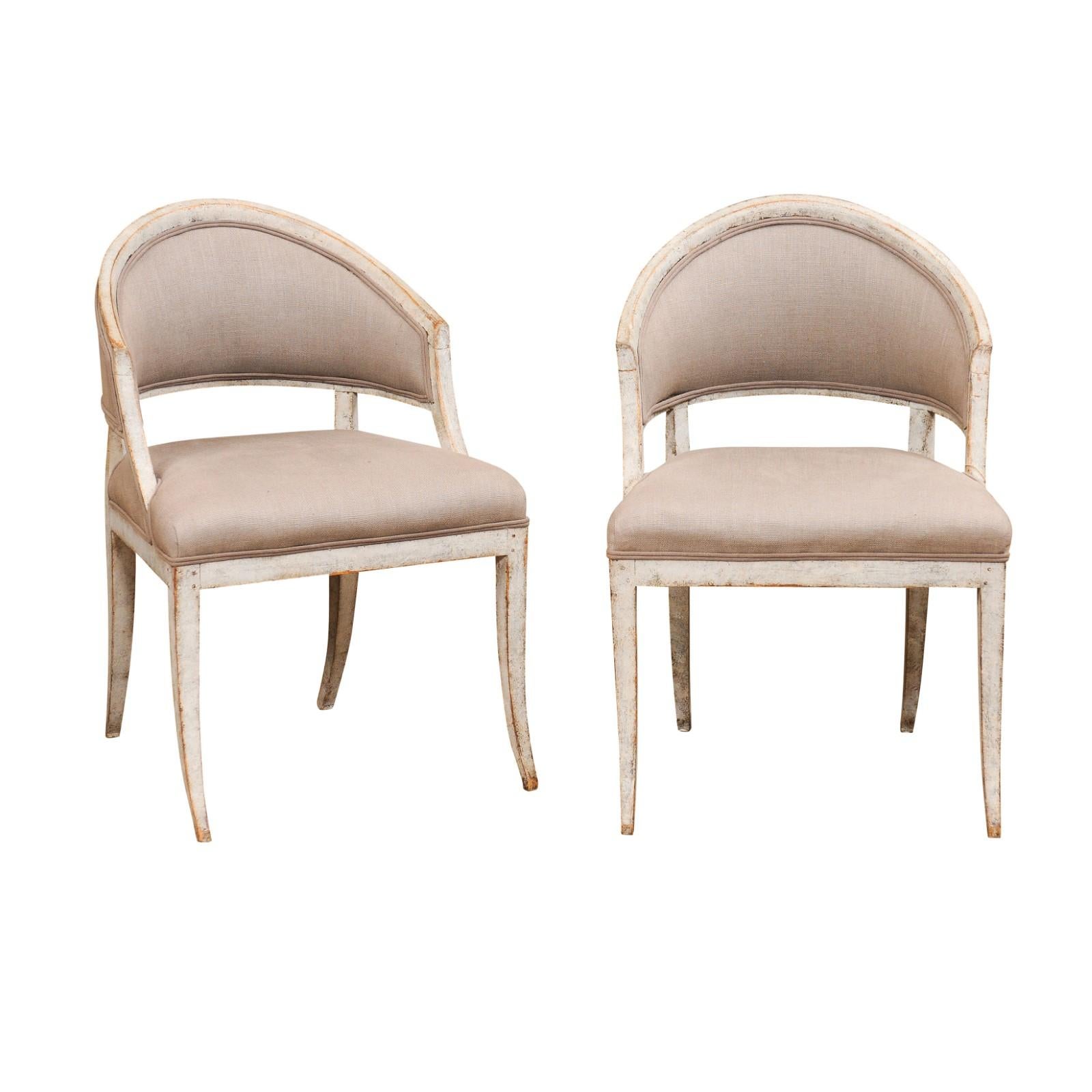Upholstery Pair of Swedish Gustavian Period 1800s Painted Tub Chairs with Saber Legs