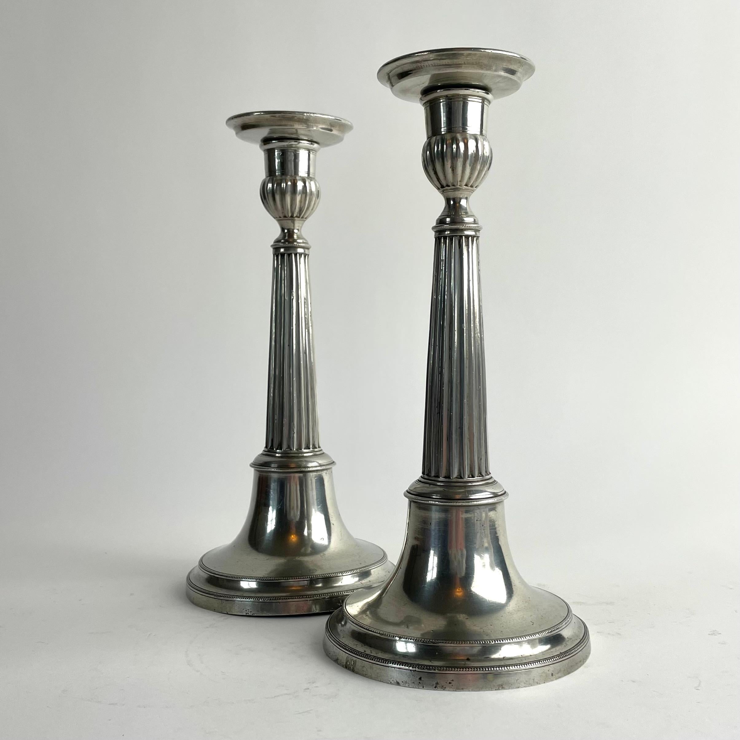 Mid-19th Century Pair of Swedish Gustavian Pewter Candlesticks, Johan Fredrik Gellerstedt, 1833 For Sale