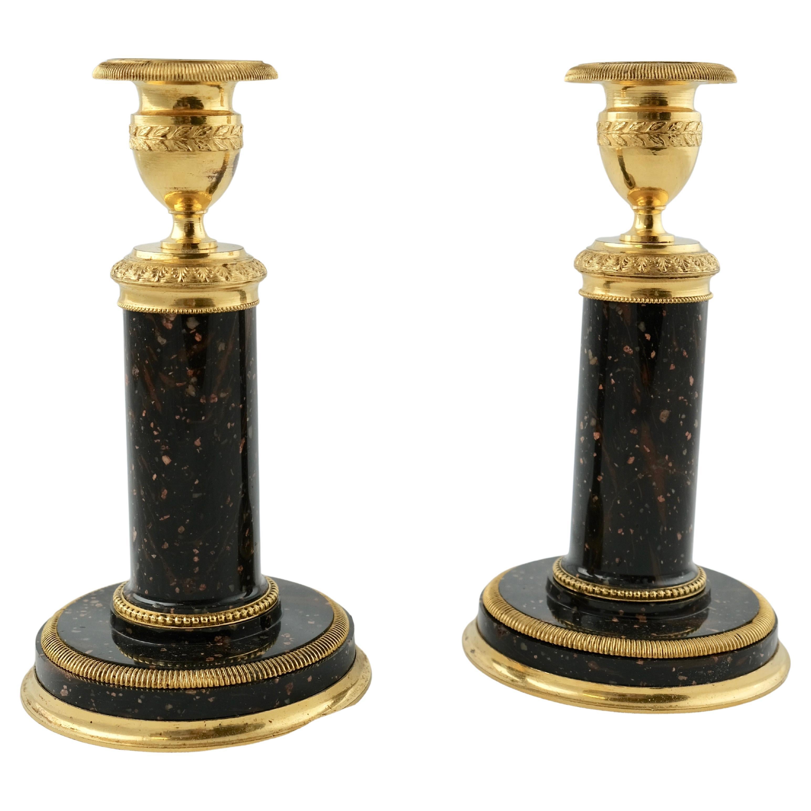 Candlesticks Swedish Gustavian Neoclassical Gray Marble Brass, Sweden