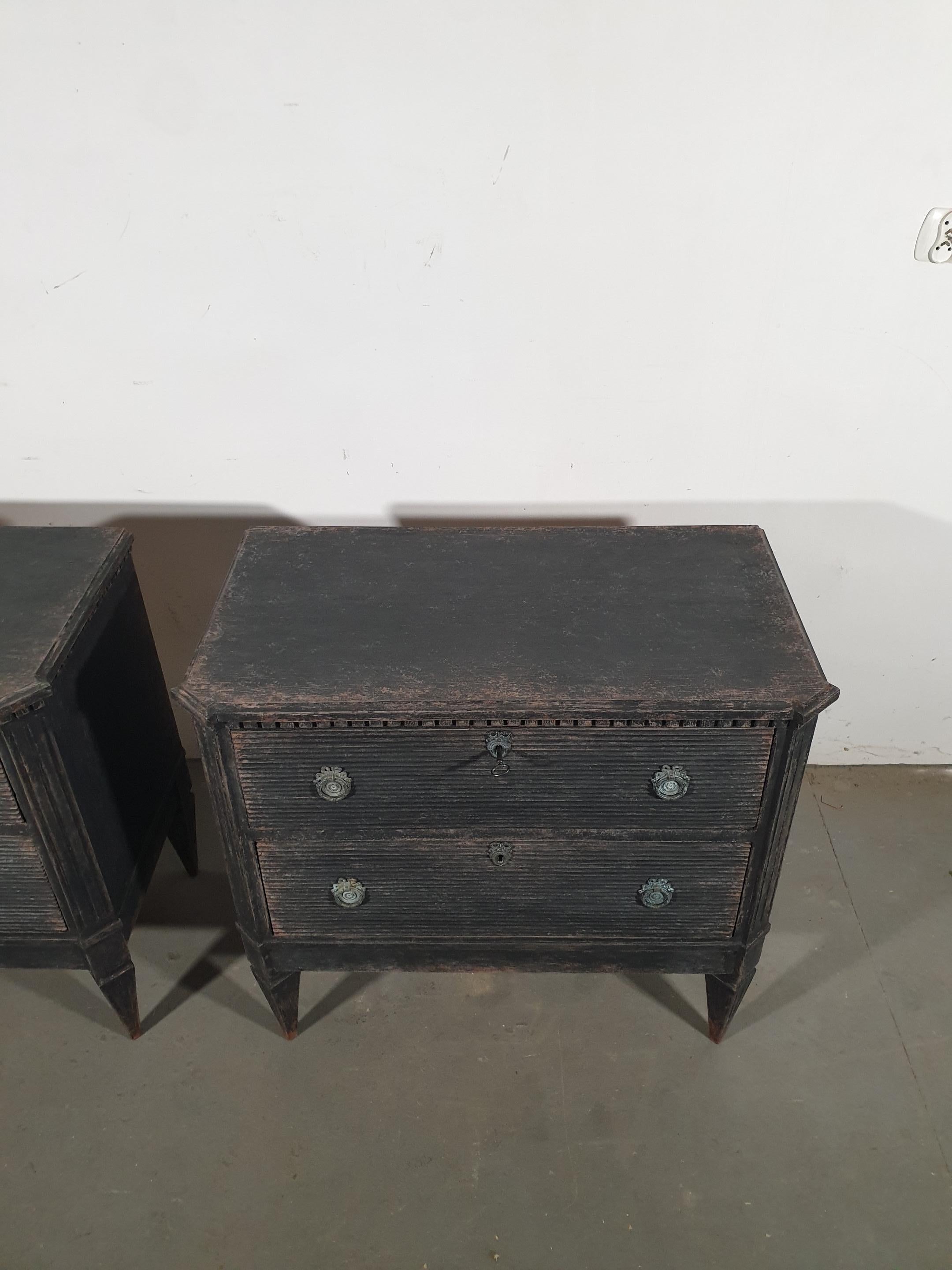 Wood Pair of Swedish Gustavian Style 1870s Painted Chests with Two Fluted Drawers