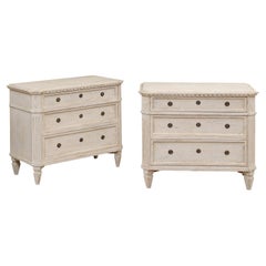 Pair of Swedish Gustavian Style 1880s Painted and Carved Three-Drawer Chests