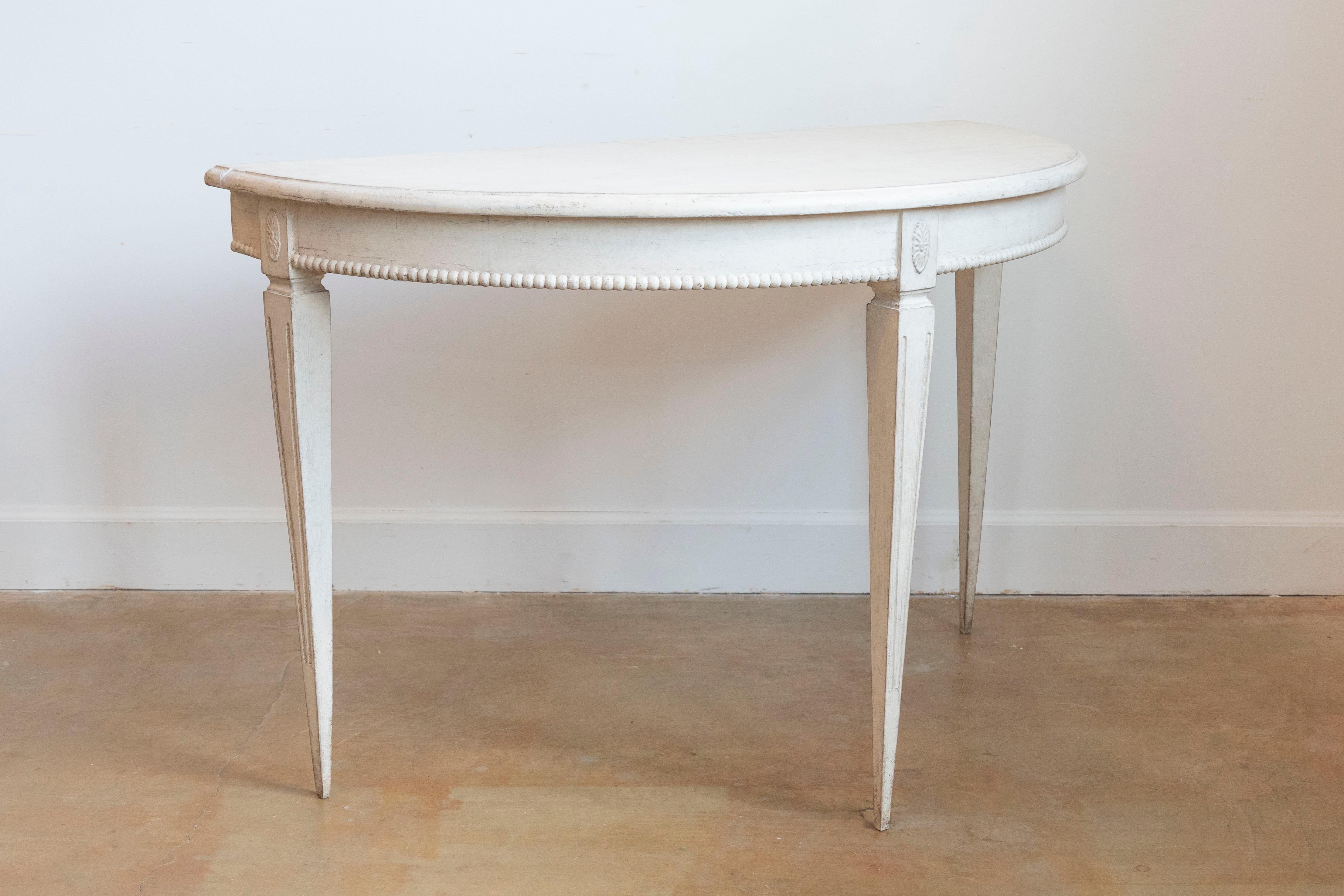 19th Century Pair of Swedish Gustavian Style 1880s Painted Demilune Tables with Carved Motifs