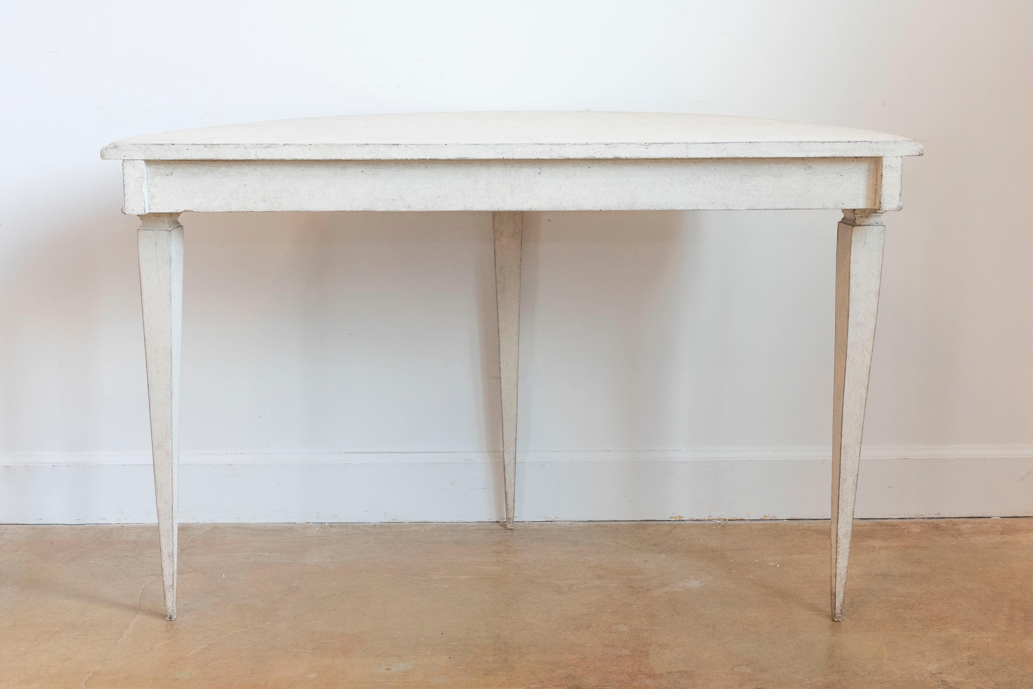 Pair of Swedish Gustavian Style 1880s Painted Demilune Tables with Carved Motifs 1