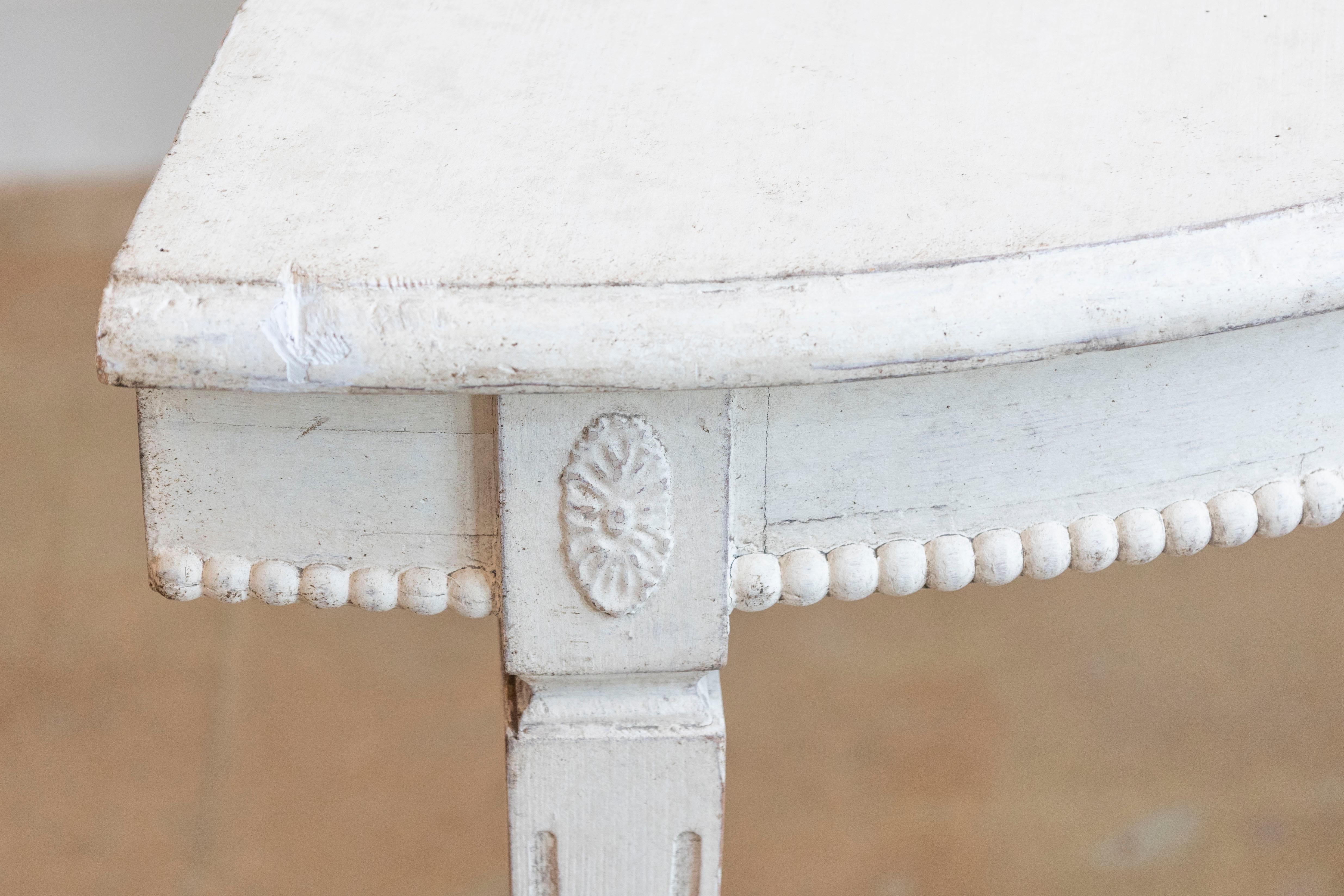 Pair of Swedish Gustavian Style 1880s Painted Demilune Tables with Carved Motifs 2