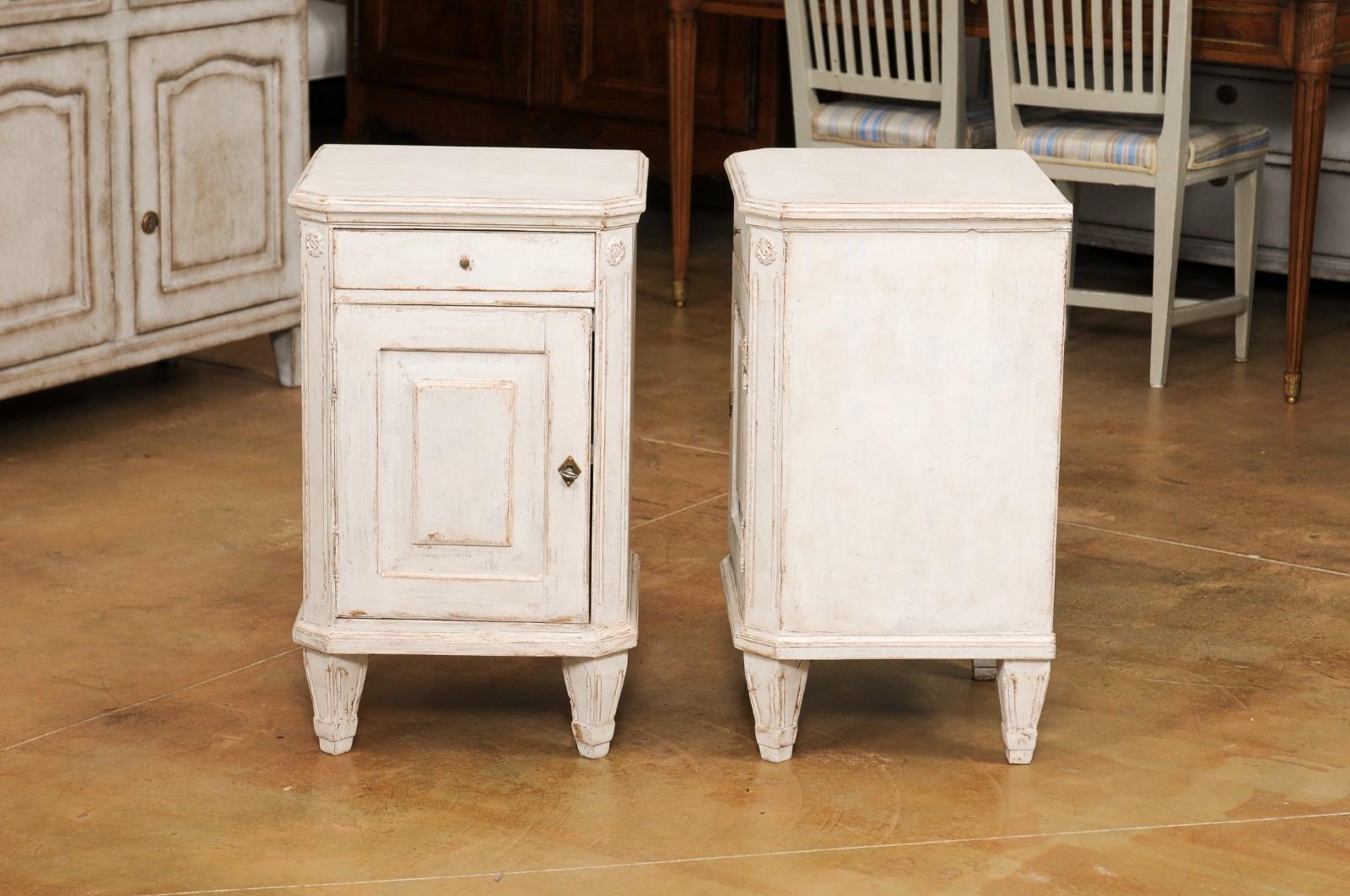 Carved Pair of Swedish Gustavian Style 1880s Painted Nightstands with Drawer over Door