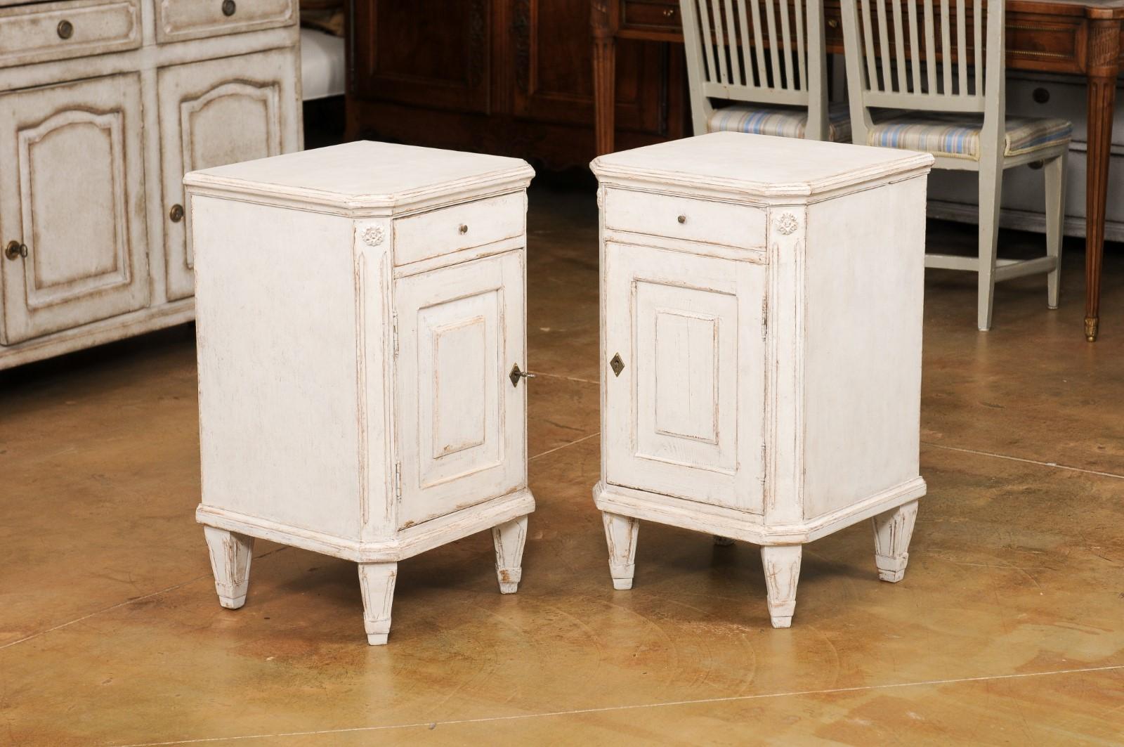 Pair of Swedish Gustavian Style 1880s Painted Nightstands with Drawer over Door In Good Condition In Atlanta, GA