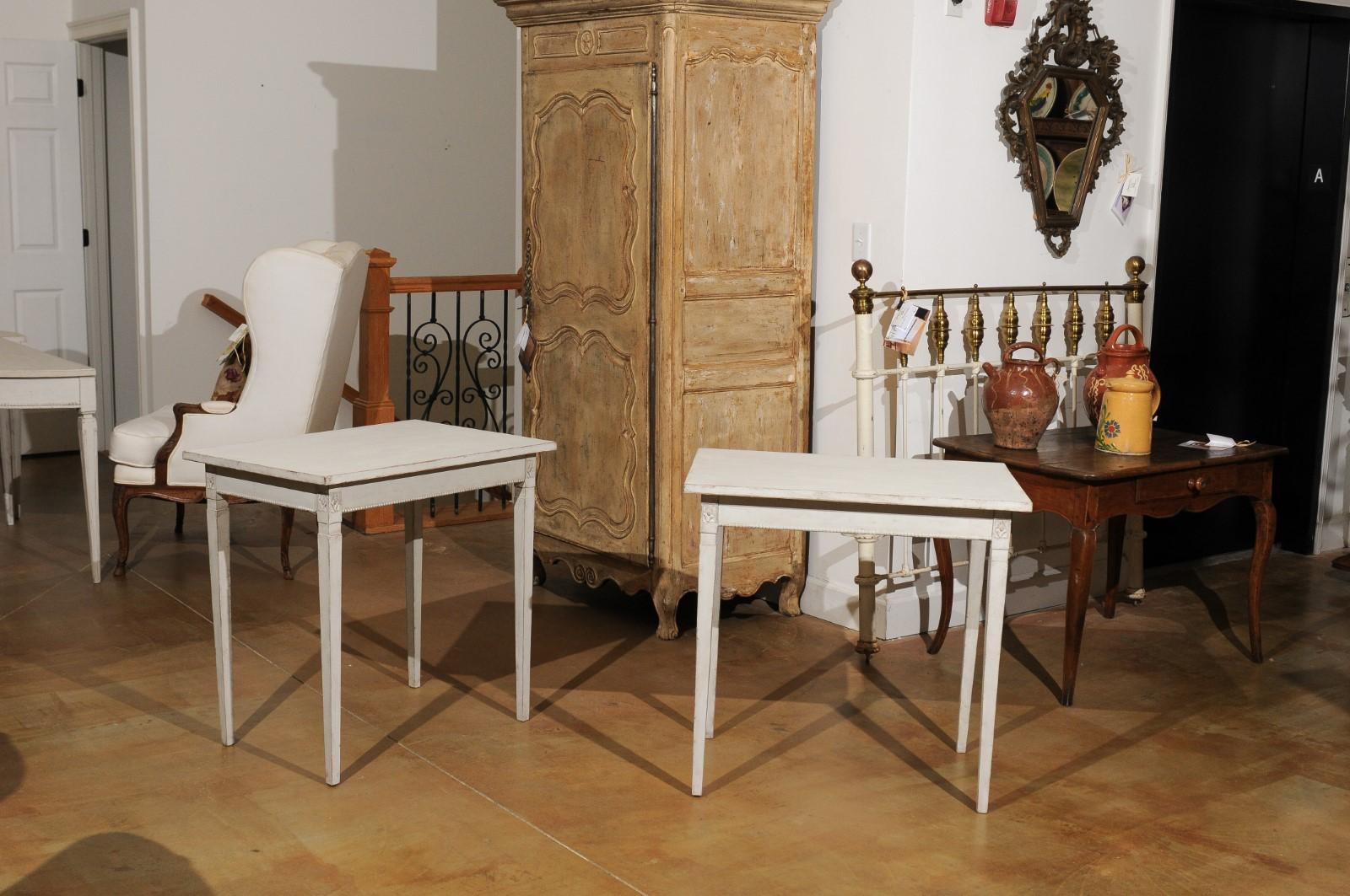 19th Century Pair of Swedish Gustavian Style 1880s Painted Side Tables with Carved Rosettes