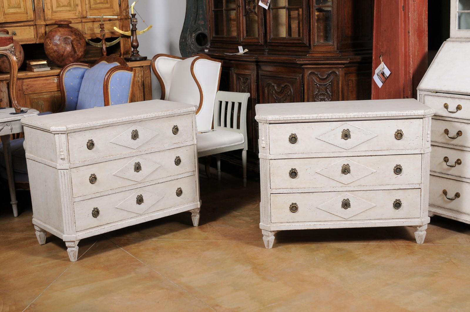 Pair of Swedish Gustavian Style 1880s Three-Drawer Chests with Carved Tassels 4