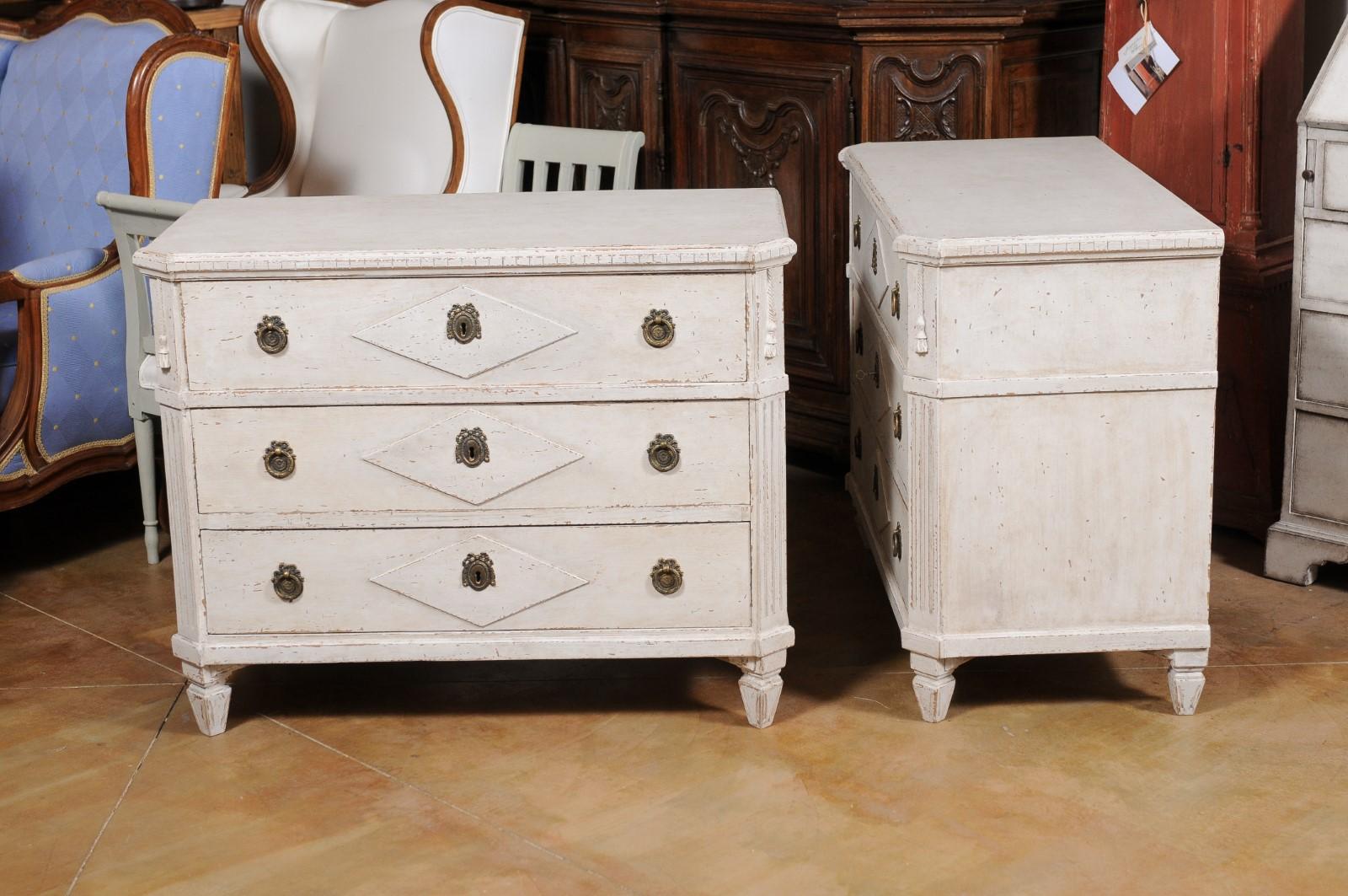 Pair of Swedish Gustavian Style 1880s Three-Drawer Chests with Carved Tassels 2