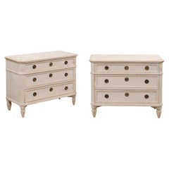 Pair of Swedish Gustavian Style 1890s Painted and Carved Three Drawer Chests