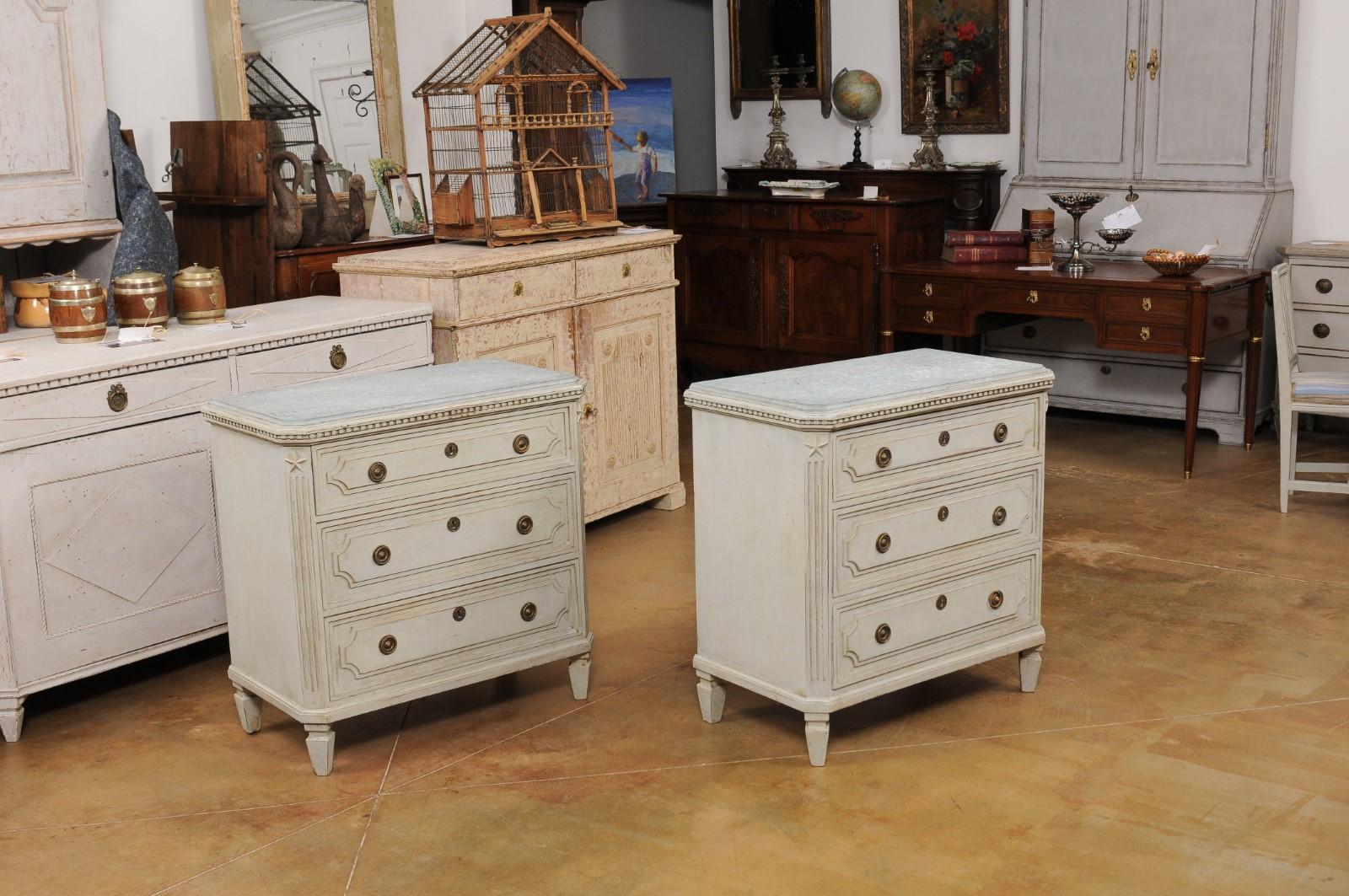 19th Century Pair of Swedish Gustavian Style 1890s Painted Chests with Carved Stars For Sale