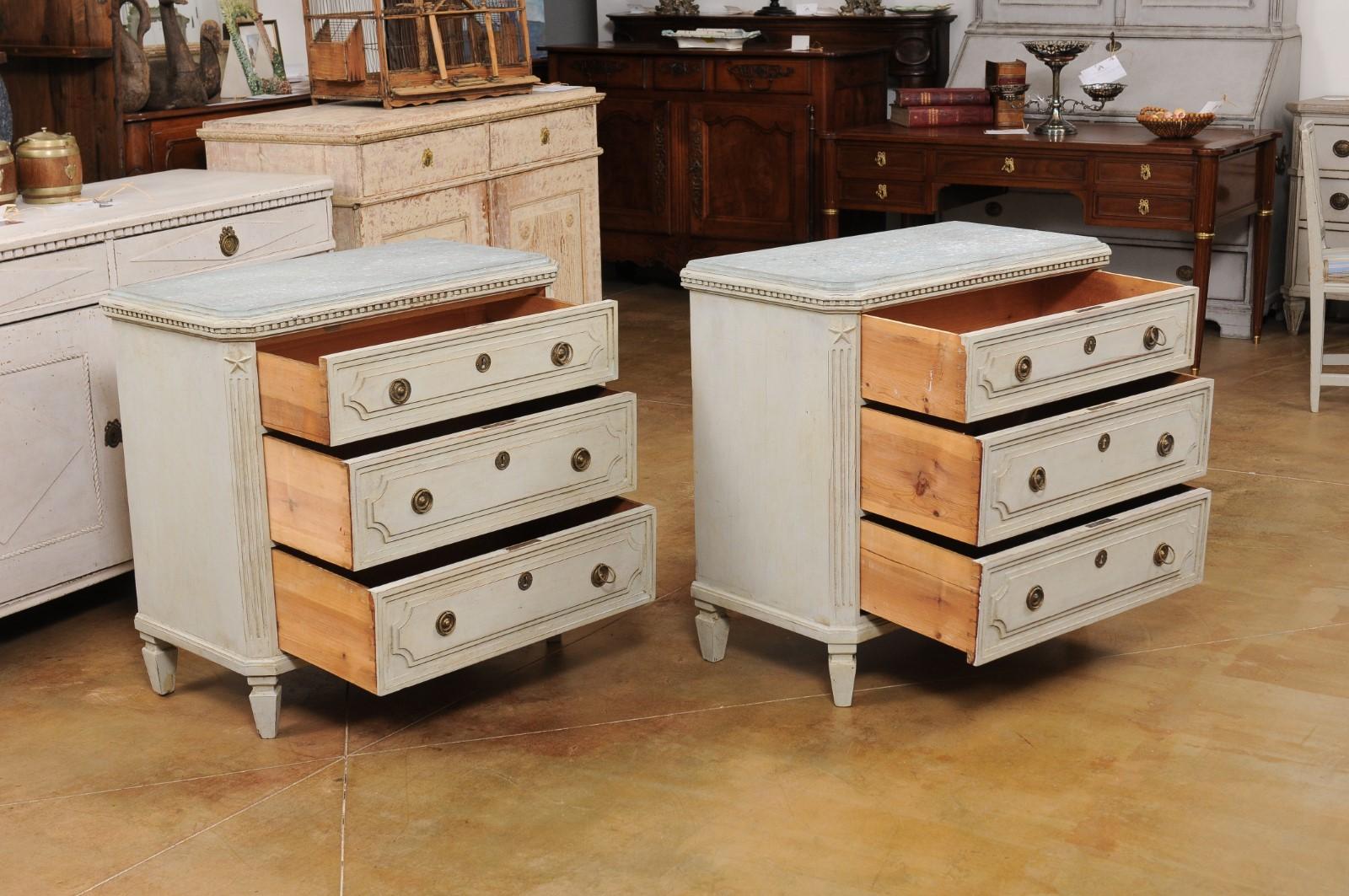 Wood Pair of Swedish Gustavian Style 1890s Painted Chests with Carved Stars For Sale