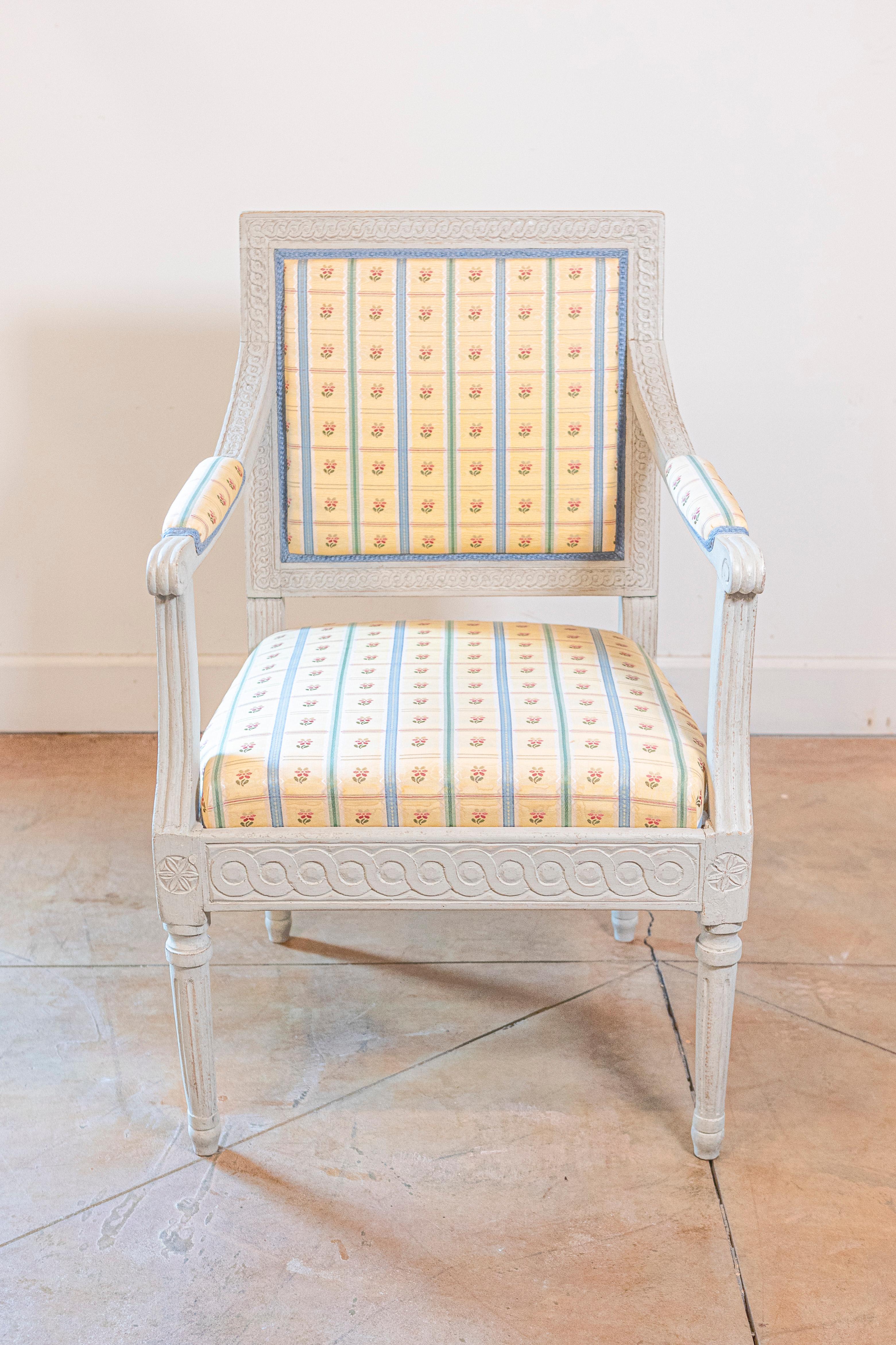 Carved Pair of Swedish Gustavian Style 1890s Painted Wood Armchairs with Guilloches