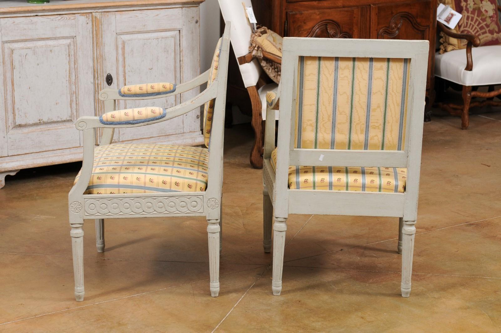 Upholstery Pair of Swedish Gustavian Style 1890s Painted Wood Armchairs with Guilloches For Sale