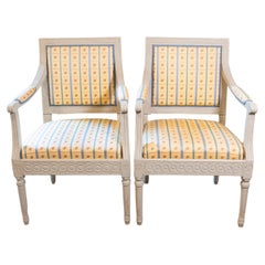 Pair of Swedish Gustavian Style 1890s Painted Wood Armchairs with Guilloches