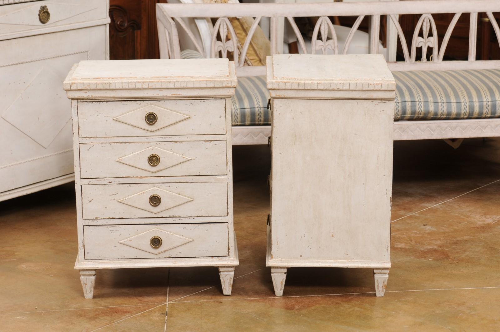 Carved Pair of Swedish Gustavian Style 1900s Painted Bedside Tables with Four Drawers