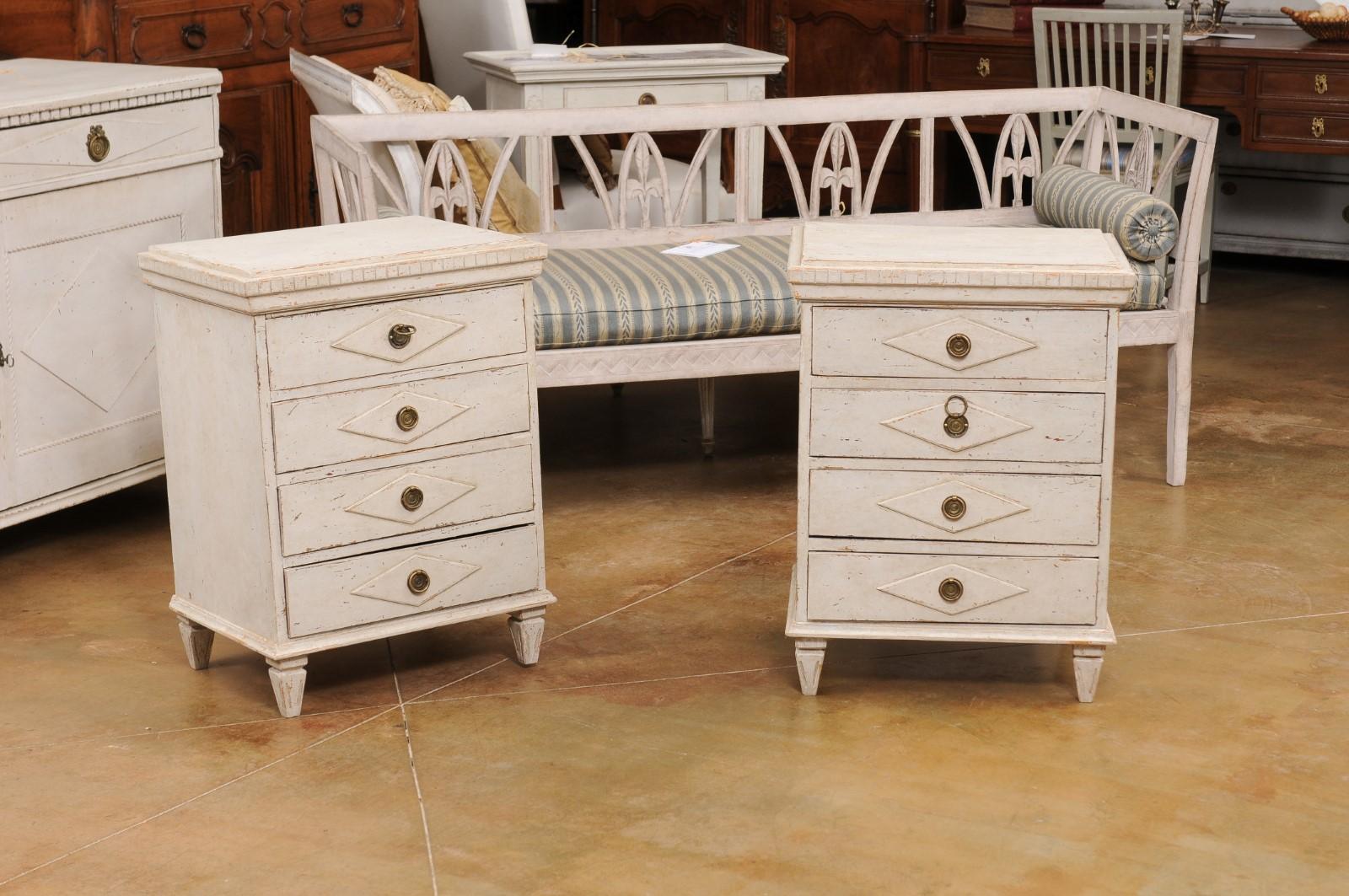 20th Century Pair of Swedish Gustavian Style 1900s Painted Bedside Tables with Four Drawers