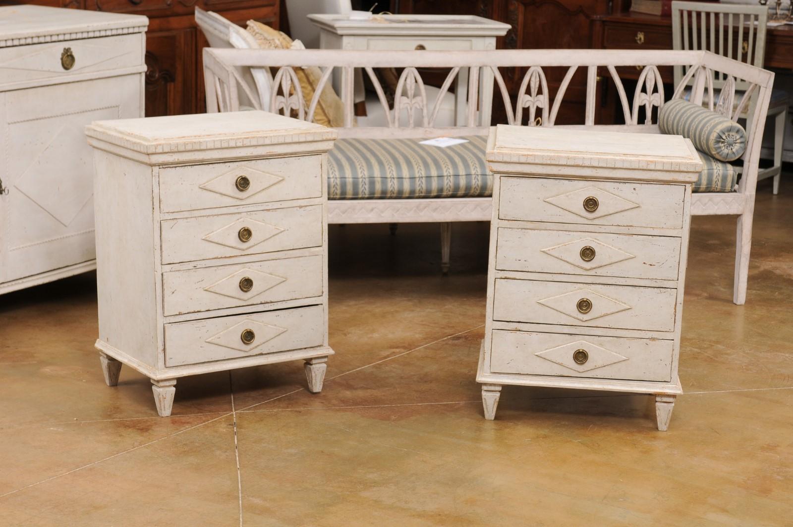 Pair of Swedish Gustavian Style 1900s Painted Bedside Tables with Four Drawers 2