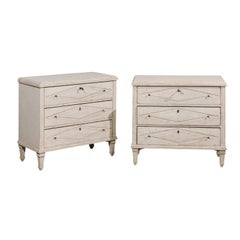 Pair of Swedish Gustavian Style 1900s Painted Commodes with Diamond Patterns
