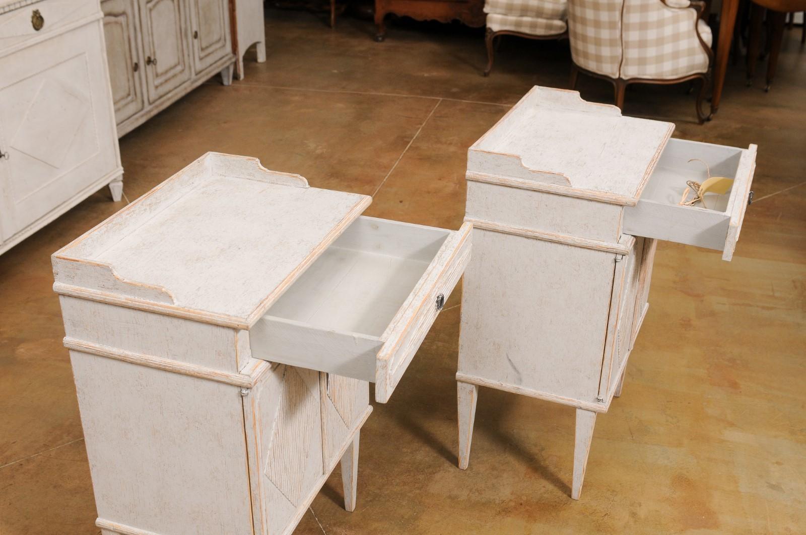 Wood Pair of Swedish Gustavian Style 1920s Painted Bedside Tables with Diamond Motifs