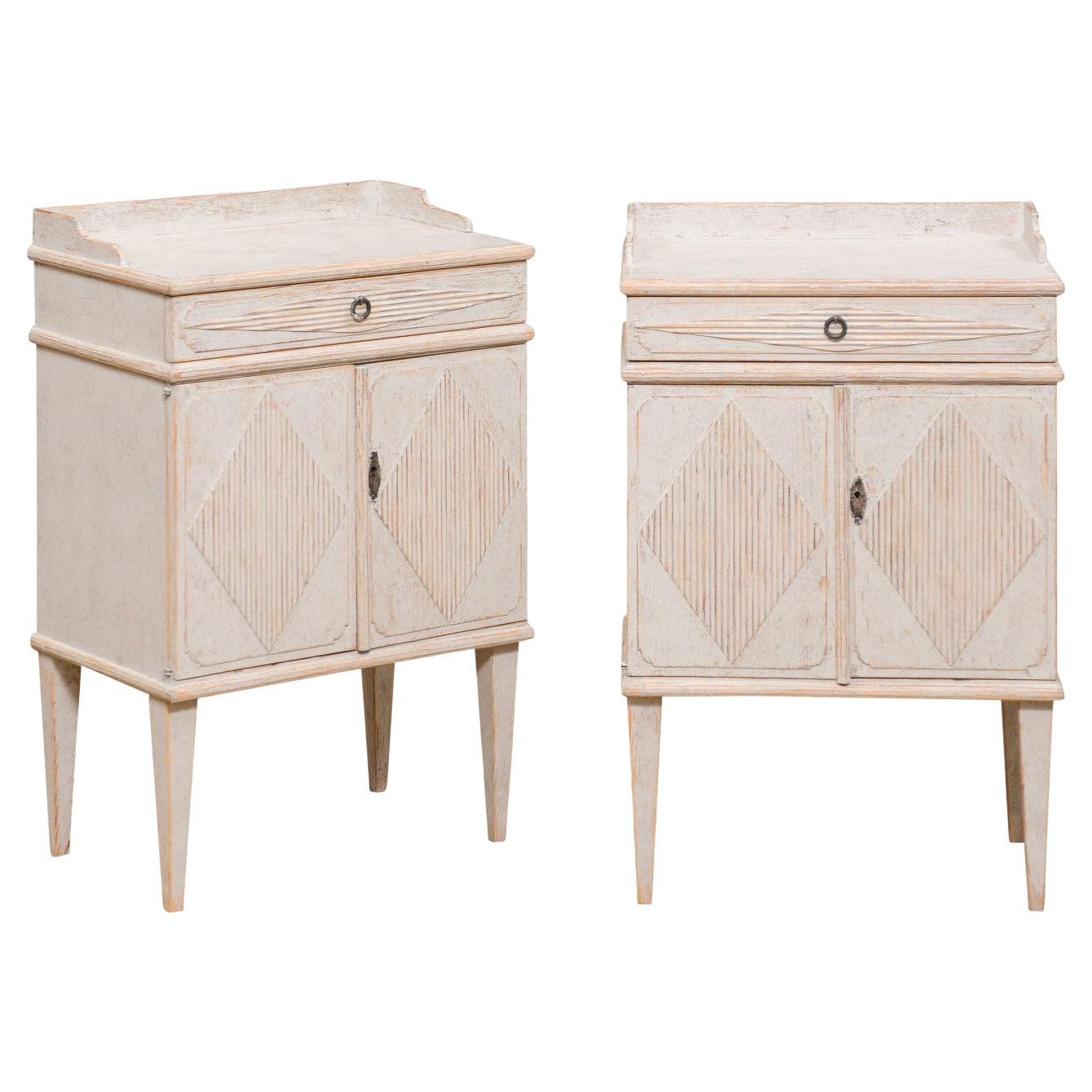 Pair of Swedish Gustavian Style 1920s Painted Bedside Tables with Diamond Motifs