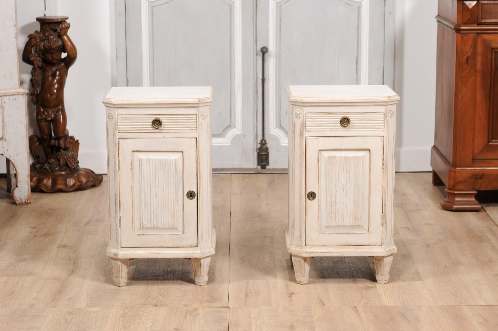 Brass Pair of Swedish Gustavian Style 19th Century Painted and Carved Nightstands For Sale