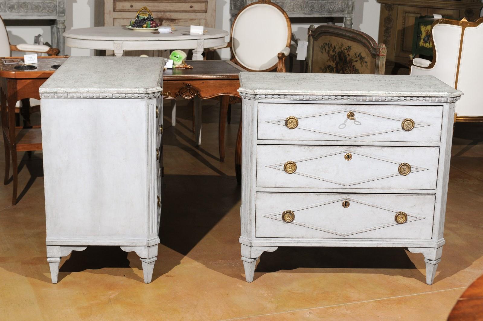 Pair of Swedish Gustavian Style 19th Century Painted Chests with Diamond Motifs 3