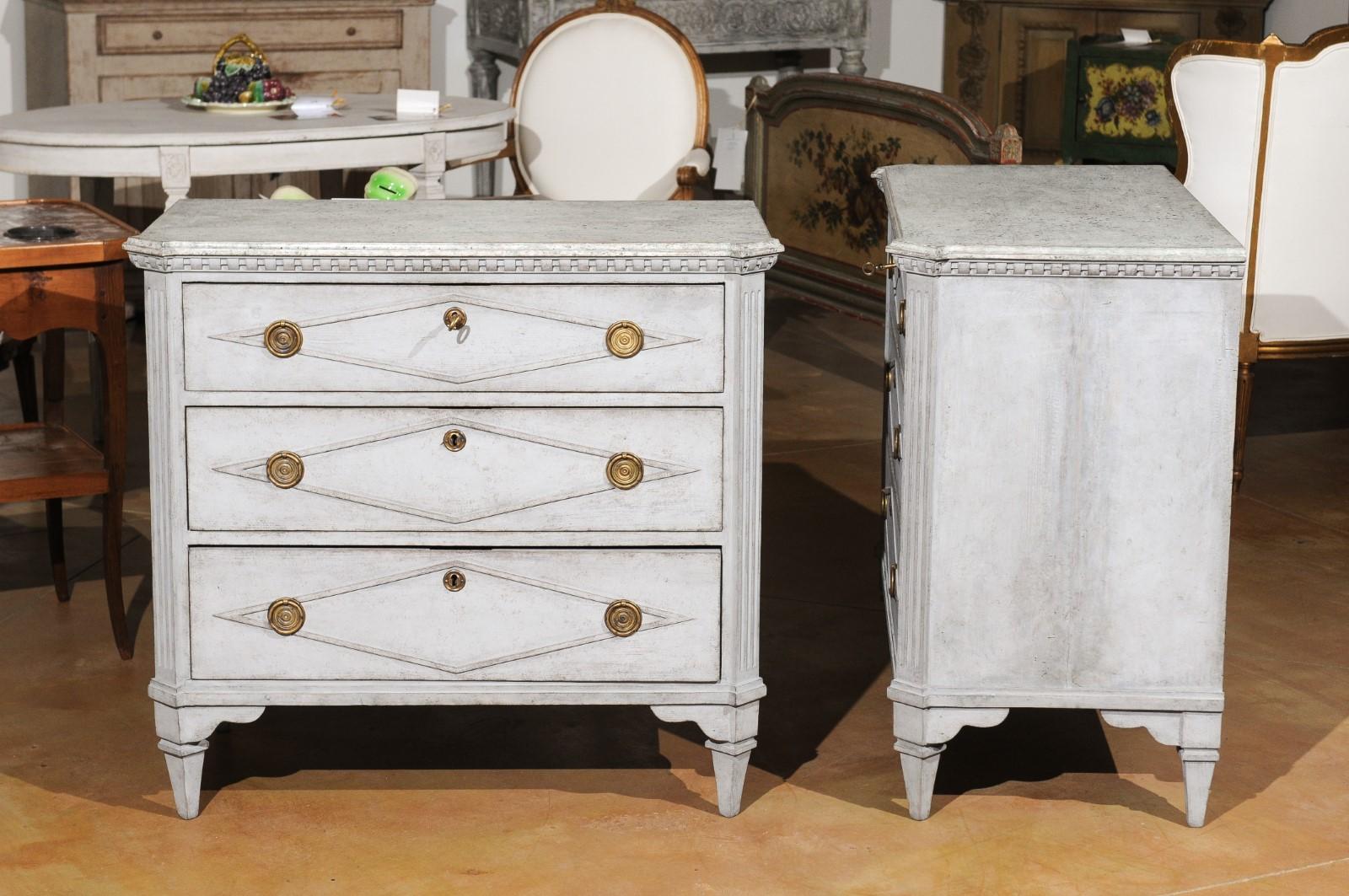 Wood Pair of Swedish Gustavian Style 19th Century Painted Chests with Diamond Motifs