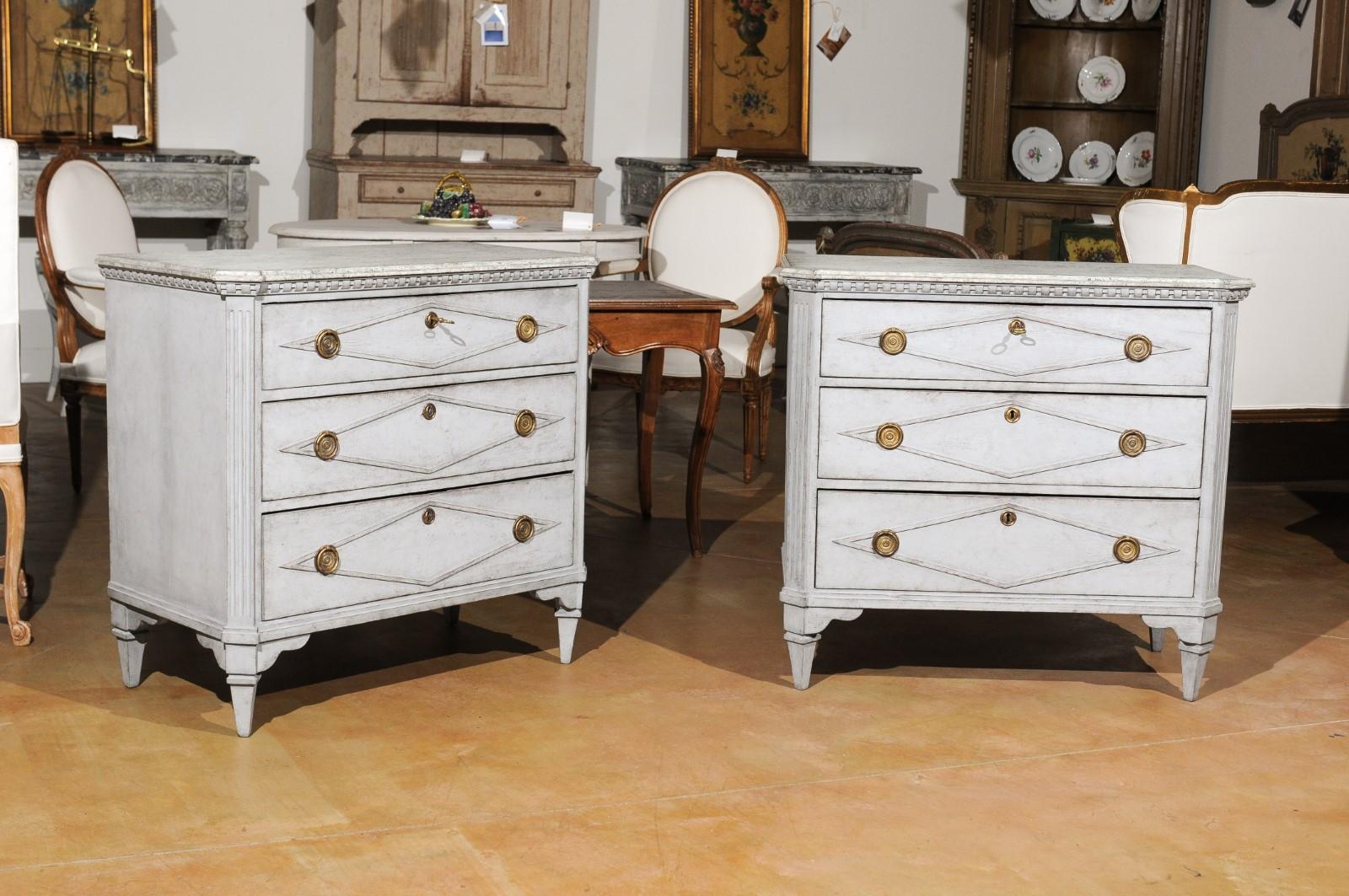 Pair of Swedish Gustavian Style 19th Century Painted Chests with Diamond Motifs 2