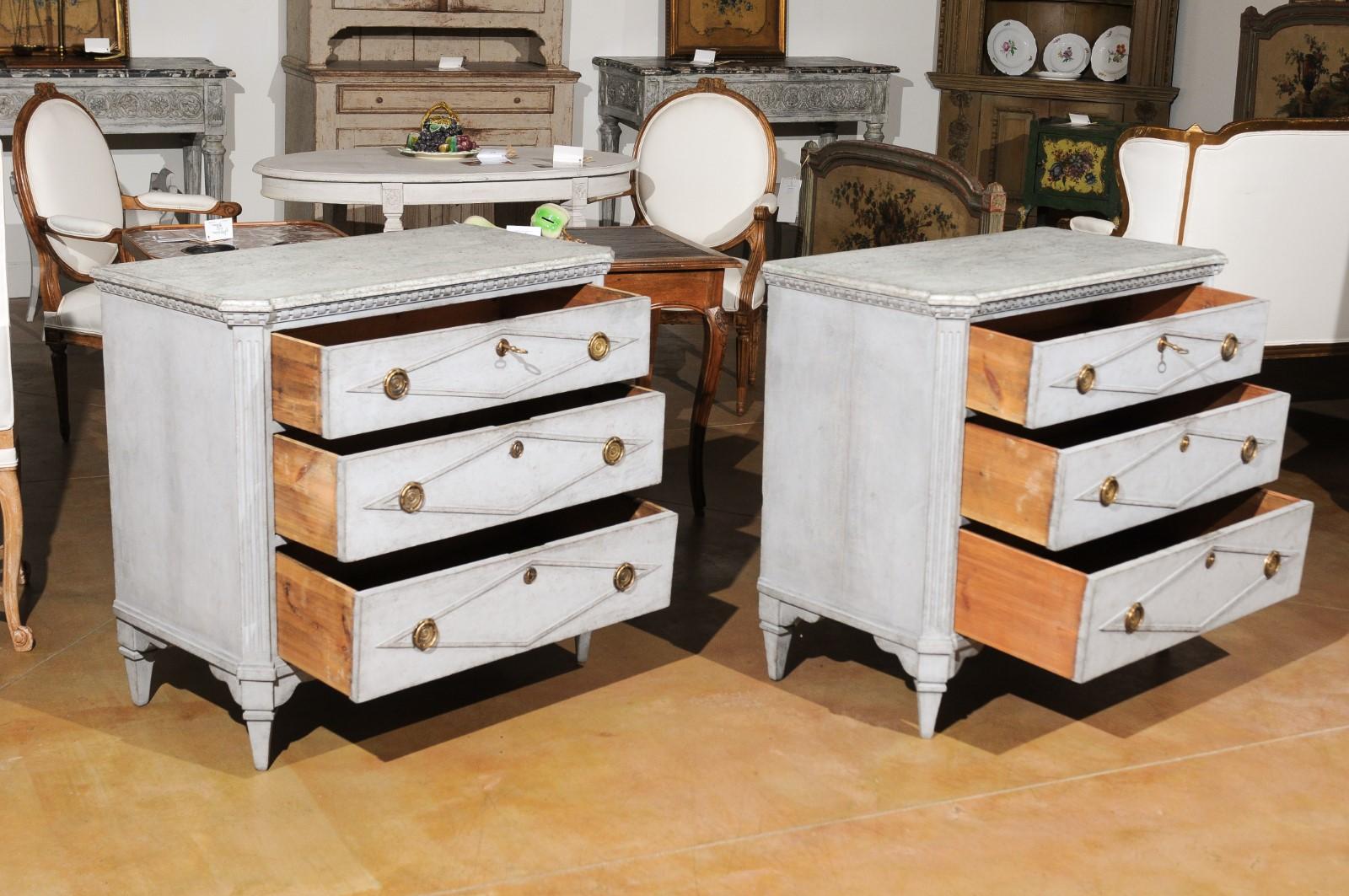 Pair of Swedish Gustavian Style 19th Century Painted Chests with Diamond Motifs 4